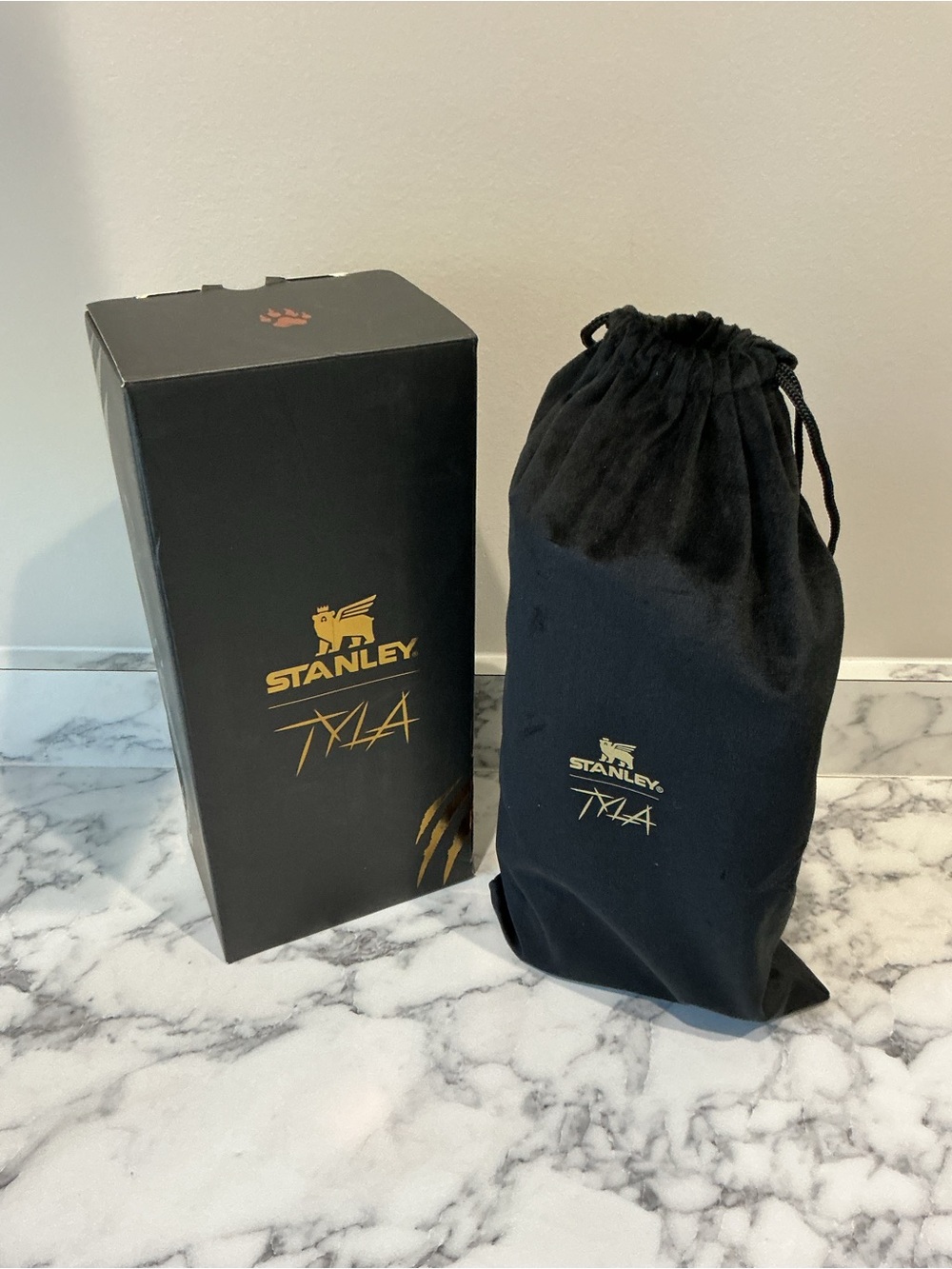 TYLA Stanley Black and Gold Drawstring Bottle Pouch with Branded Box